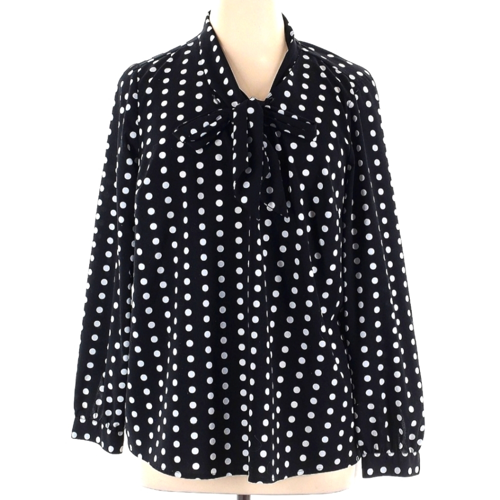 Black and White Long Sleeve Blouse Polka Dot Blouse With Neck Tie